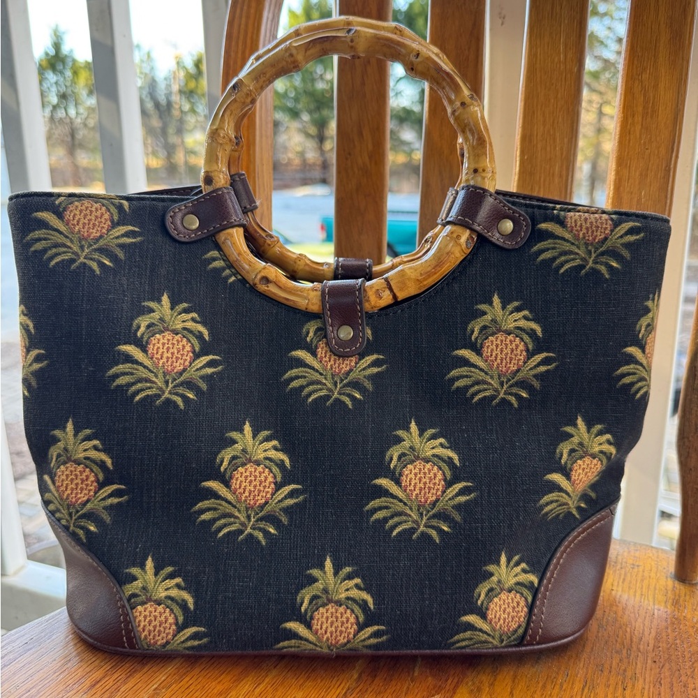 Madison Studio Pineapple Print Tote Bag with Bamboo Handles